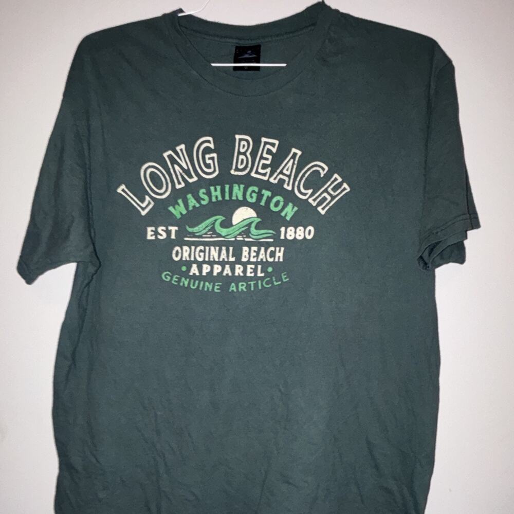 Prairie Mountain Men's XL Green Cotton Long Beach WA Graphic Logo Crew Neck Tee